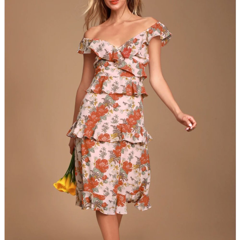 Lulus Fleur-Evermore Blush Pink Floral Print Ruffled Midi Dress